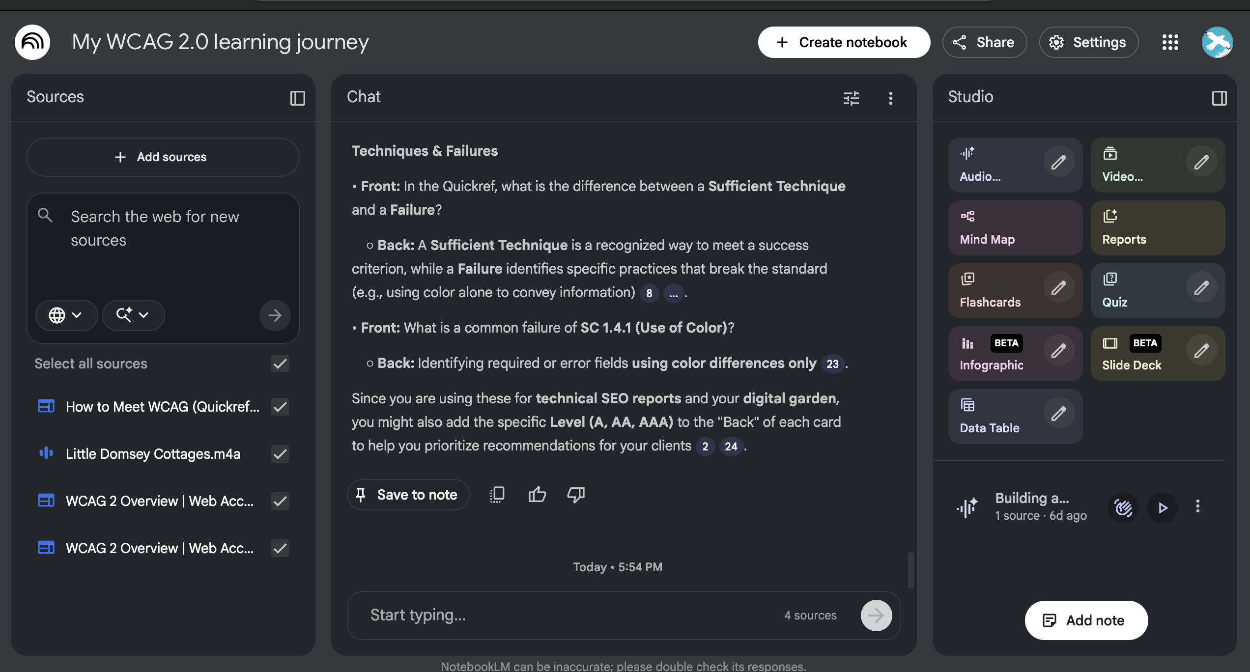 An example project editor screen within NotebookLM, with resources loaded about the WCAG-2