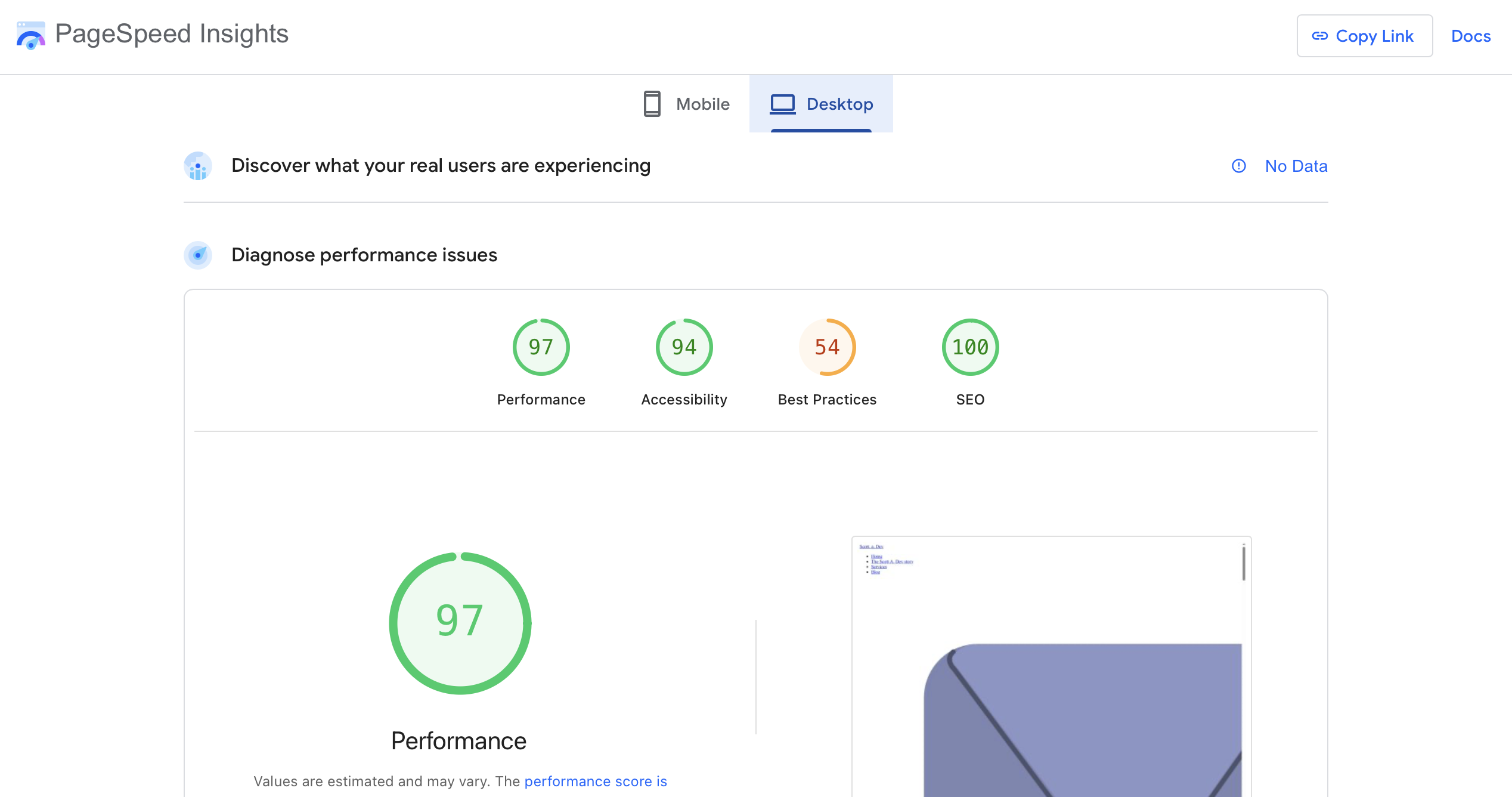 Screenshot of scottadev.com within Google PageSpeed